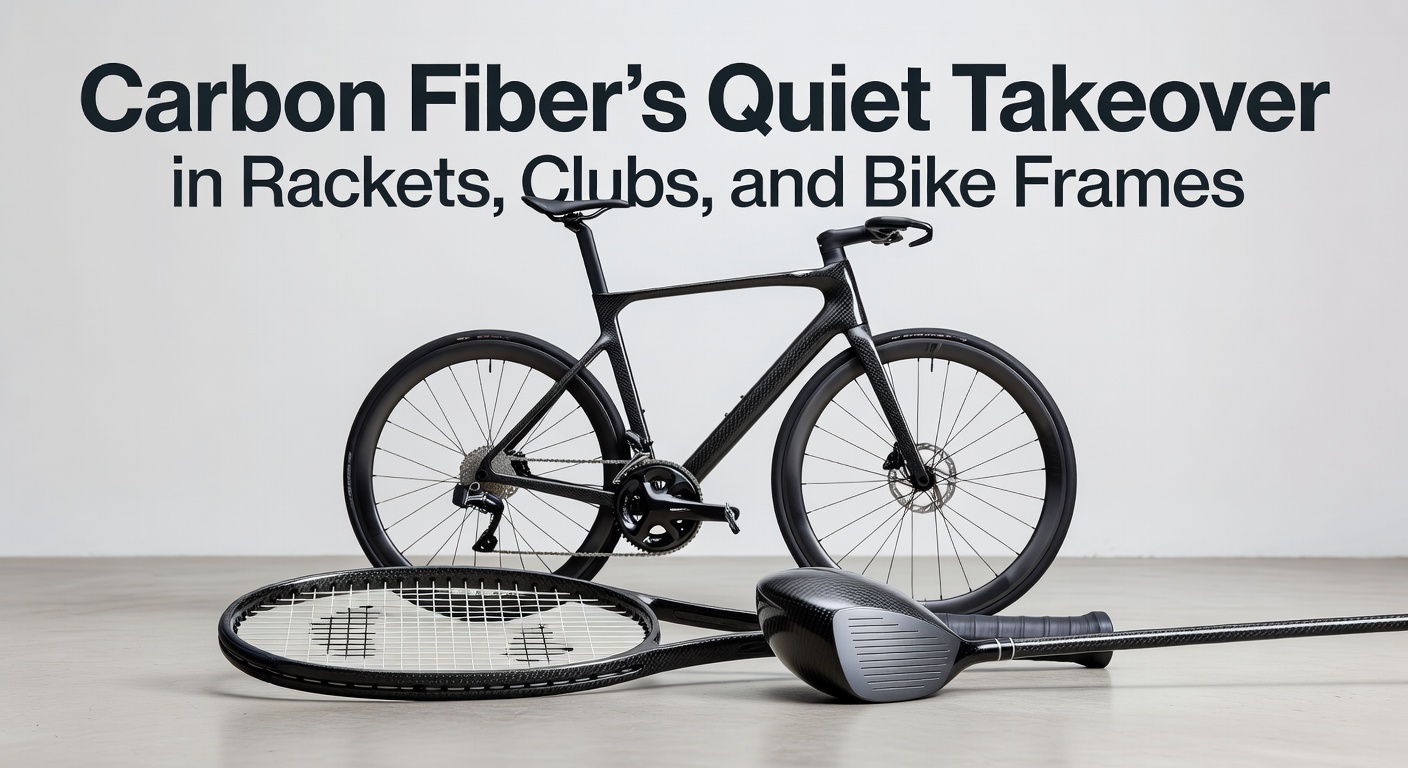 Close-up of a carbon fiber tennis racket frame showing intricate weave pattern under tension strings, highlighting lightweight strength