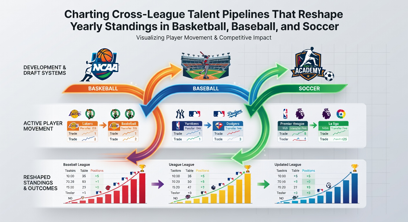 Infographic showing player movement pathways between minor leagues, international competitions, and major professional leagues in basketball, baseball, and soccer