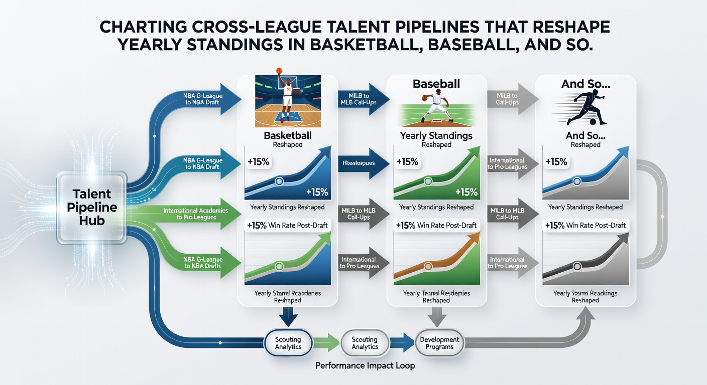 Chart illustrating seasonal standings shifts linked to incoming talent from secondary and international leagues in three major sports
