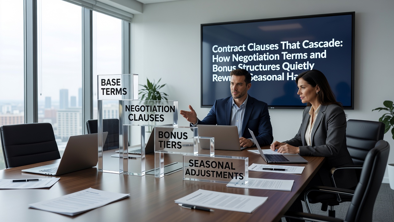 Soccer players reviewing contract details during a team meeting with financial charts visible on tablets