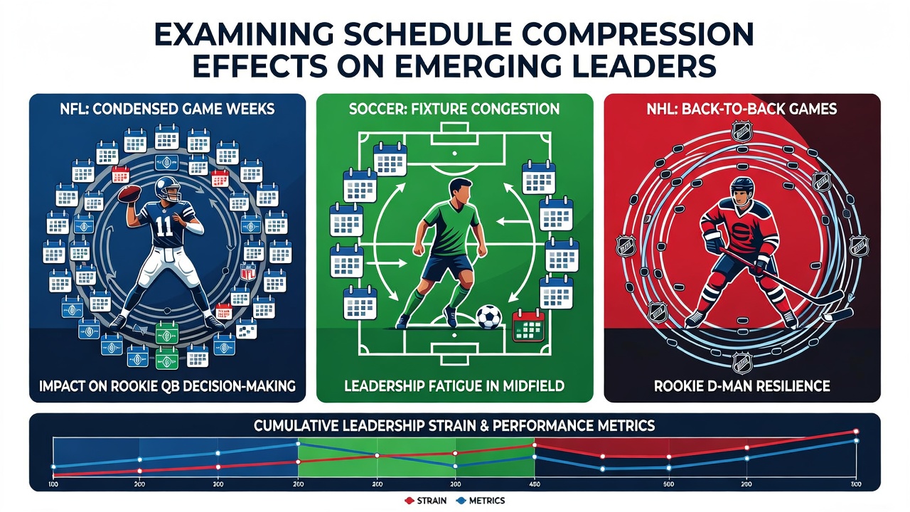 Schedule charts and player performance graphs from recent NFL, soccer, and NHL seasons showing compression impacts