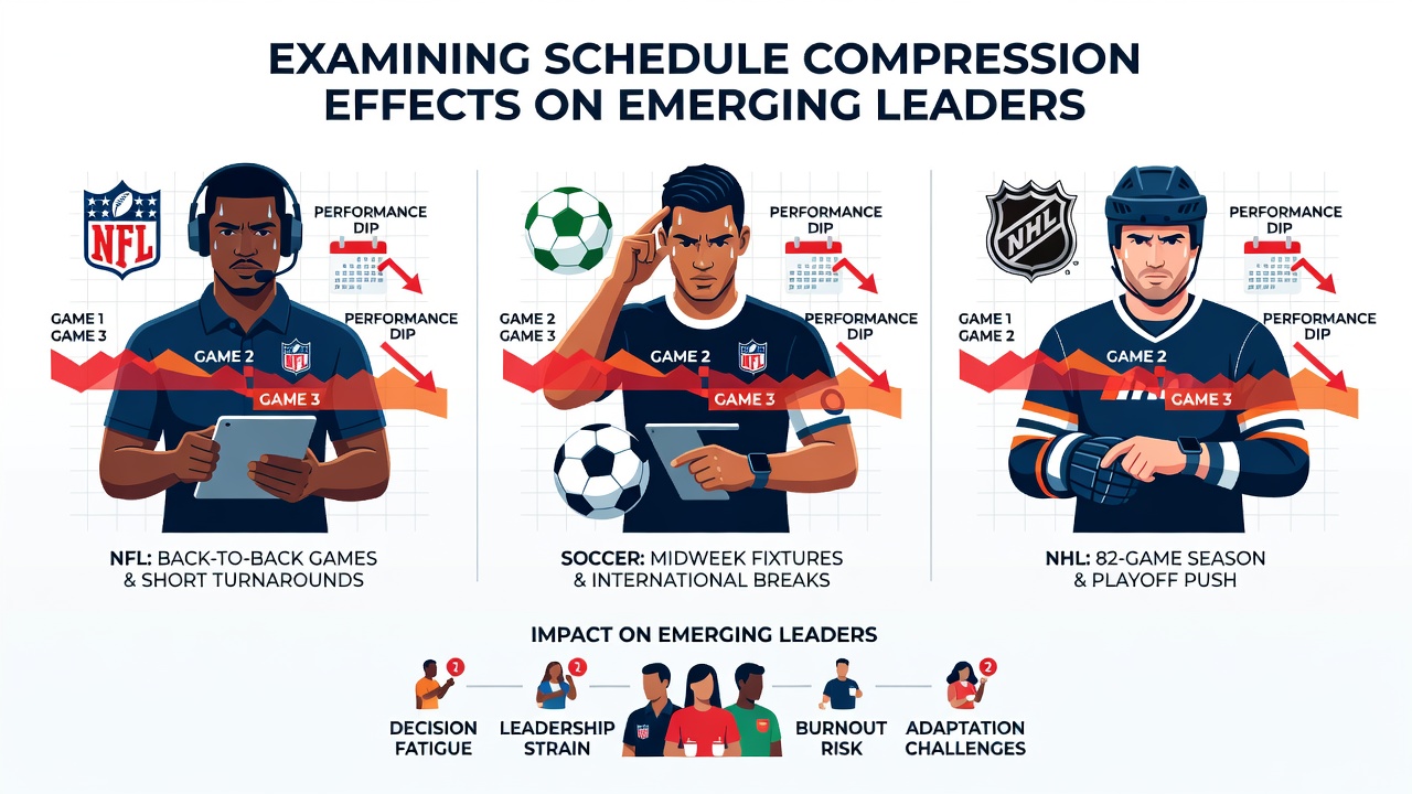Emerging athletes reviewing training data on tablets during a compressed season schedule meeting