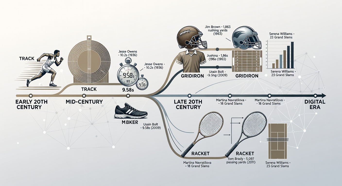 Historical progression of athletic records in track events, American football, and tennis from the early 20th century onward