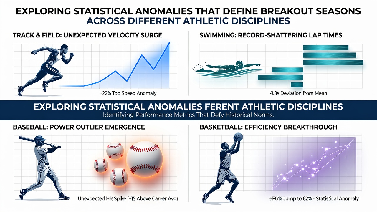 Athletes in action during breakout seasons with overlaid performance statistics