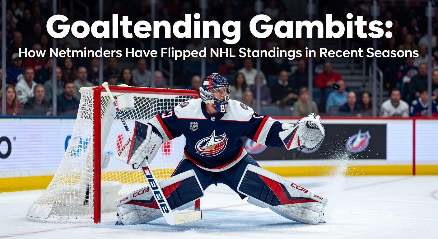 NHL goaltender making a sprawling save during a high-stakes playoff game, blocker extended and crowd blurred in the background