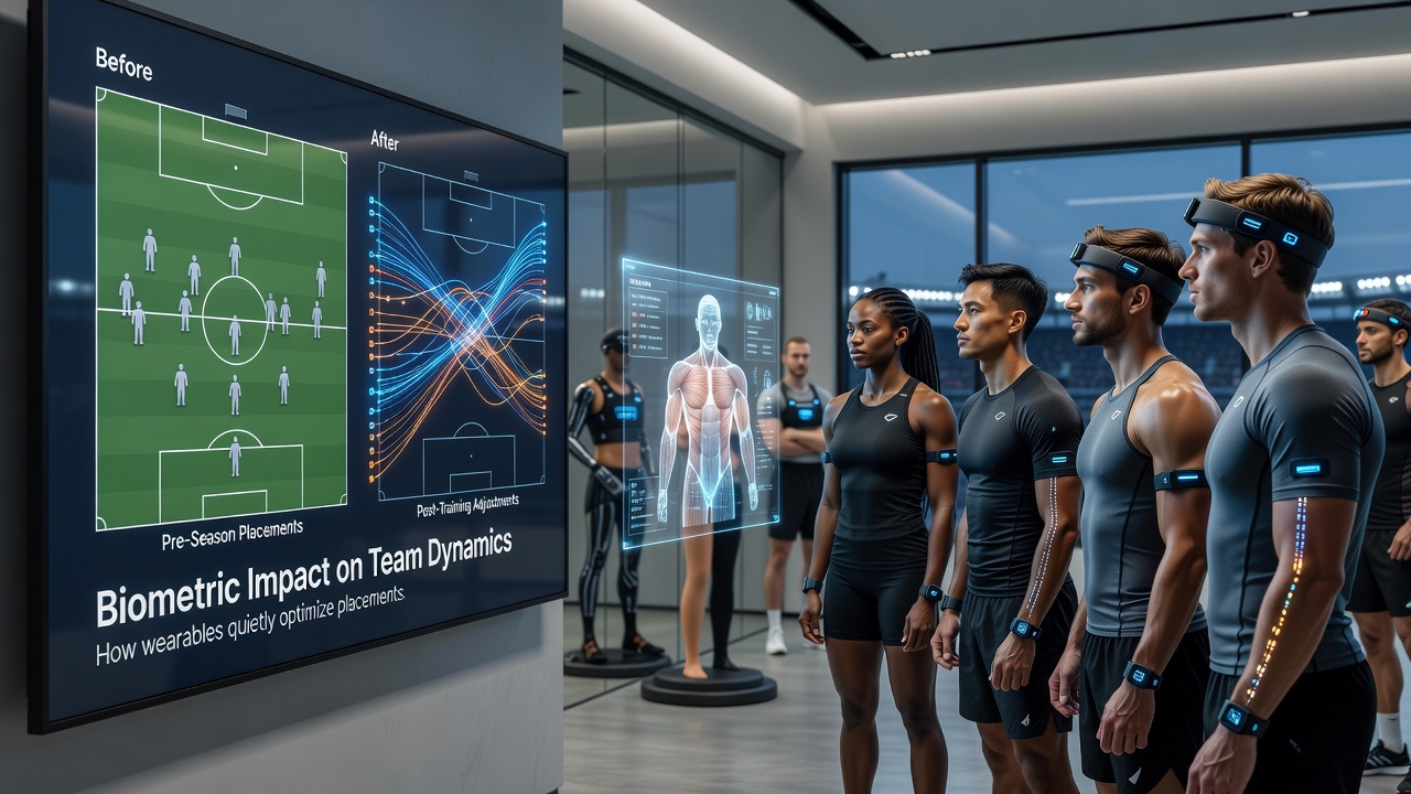 Coaches reviewing biometric data dashboards during a team meeting in a professional sports facility