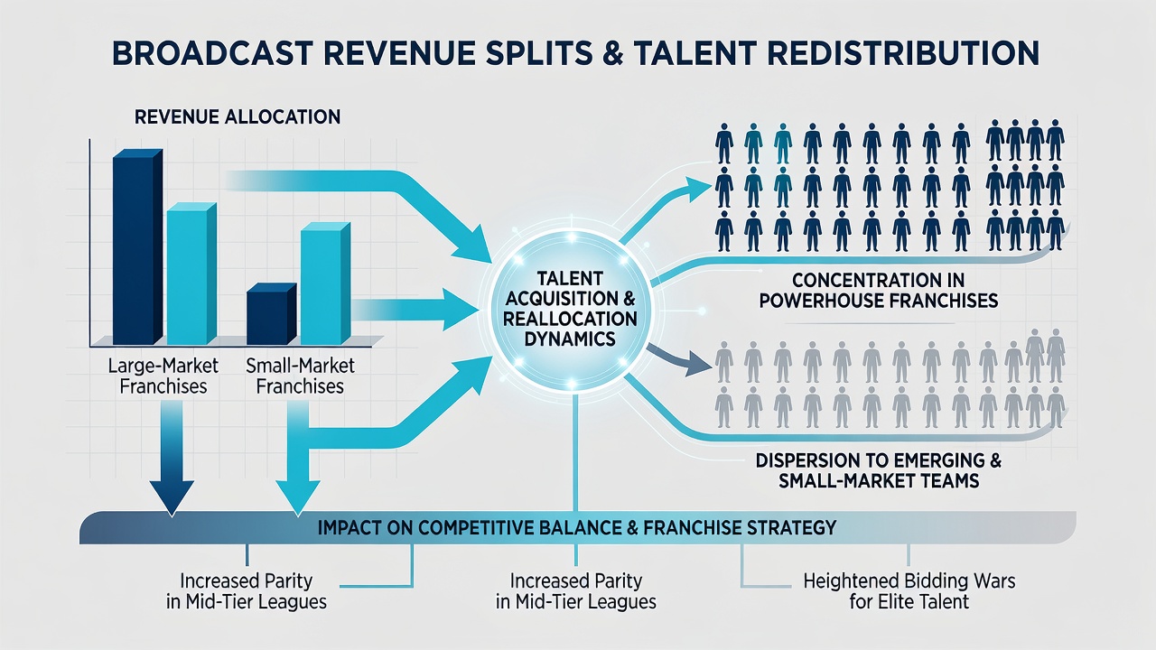 Franchise executives reviewing talent acquisition strategies influenced by shared broadcast income