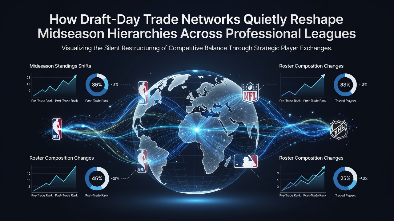 Chart showing midseason standings shifts correlated with prior draft-day trade activity in basketball and football leagues