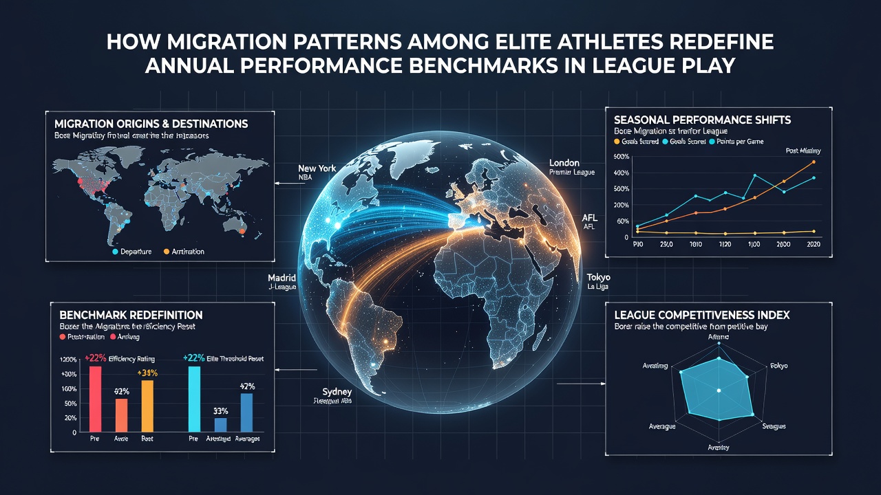 Data visualizations and charts showing athlete migration flows and updated performance benchmarks in major leagues