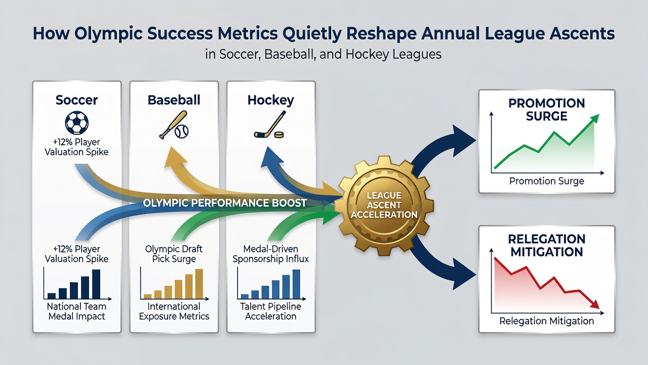 League standings board with Olympic medals and performance graphs superimposed over soccer, baseball, and hockey team logos