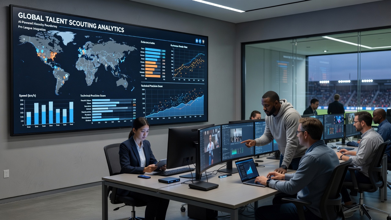 Scouting analysts reviewing real-time biometric data and player tracking visualizations on multiple monitors in a professional team facility