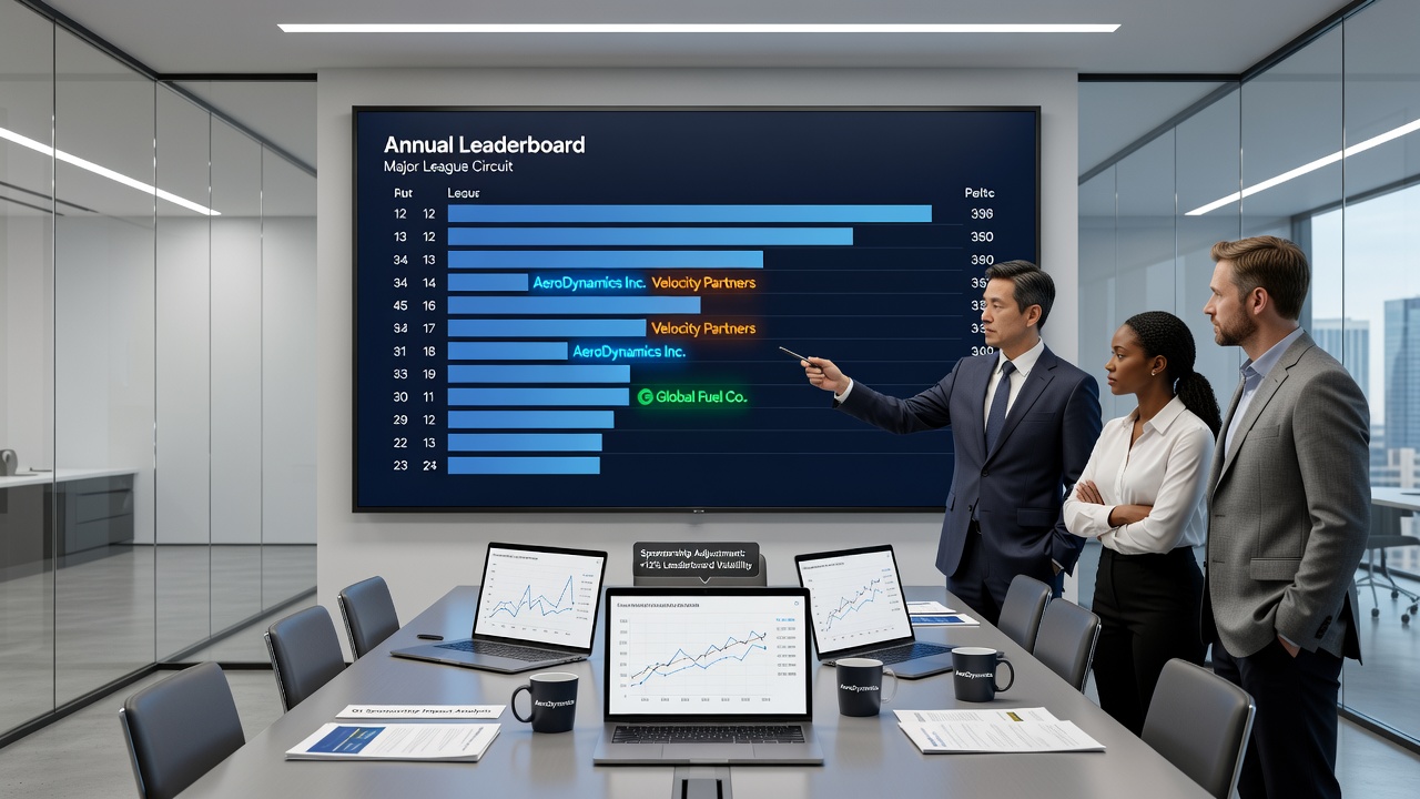 Team executives reviewing sponsorship contracts and performance data charts