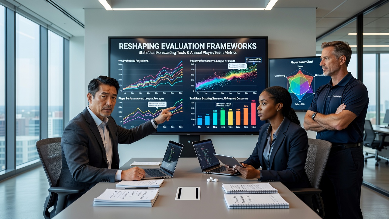 Analysts reviewing team performance dashboards with forecasting charts and player projection graphs