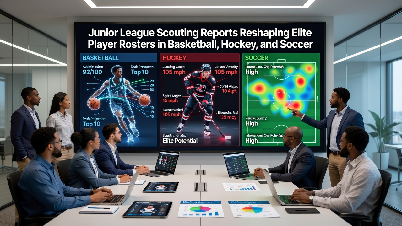 Hockey scouts analyzing junior league performance reports