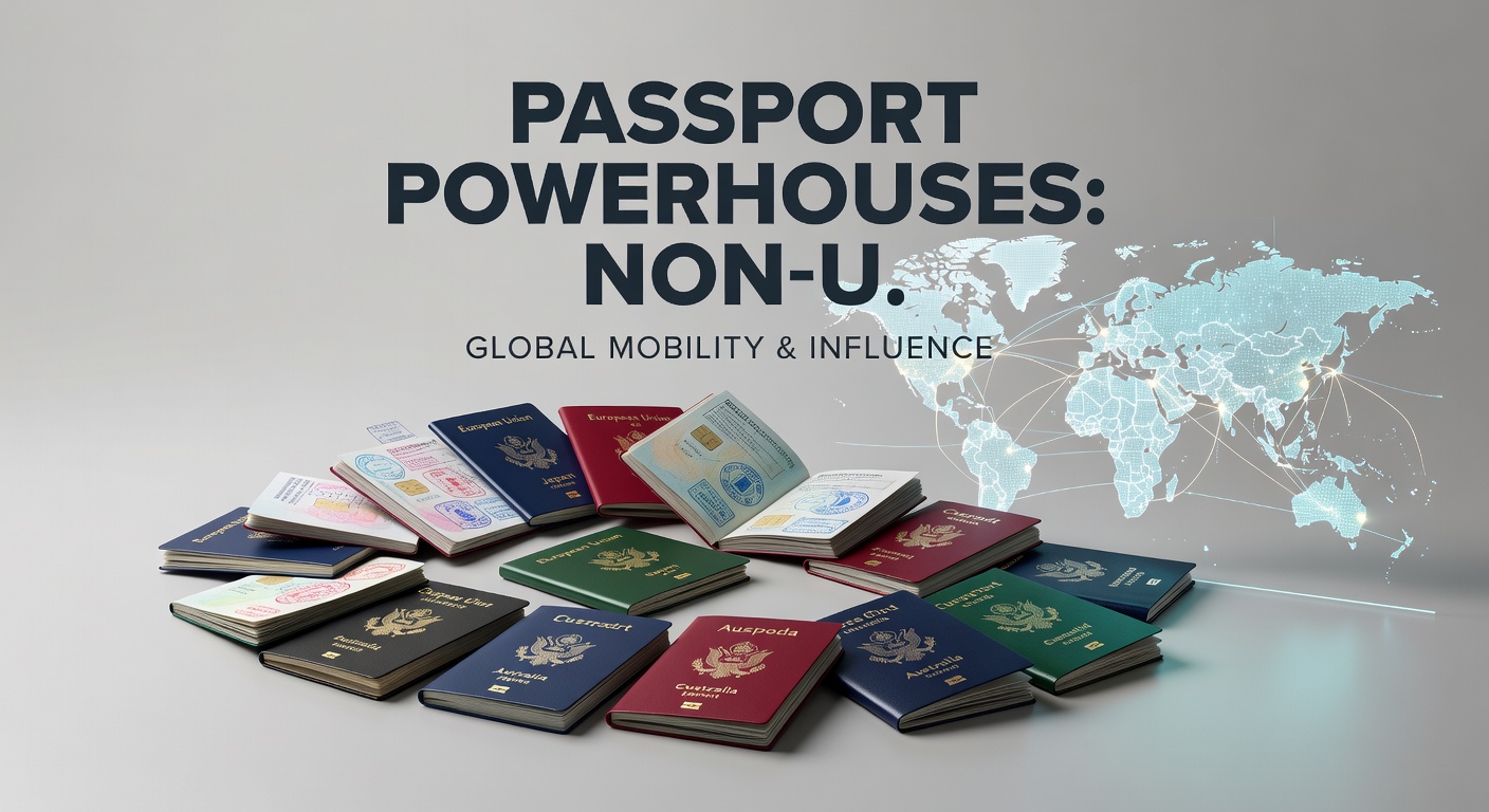 Globe highlighting visa-free destinations accessible by top non-U.S. passports, with passport icons from Asia and Europe prominently featured