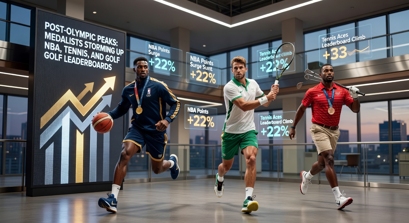 Olympic medalists on the podium, transitioning to NBA courts, tennis courts, and golf courses with leaderboards in the background