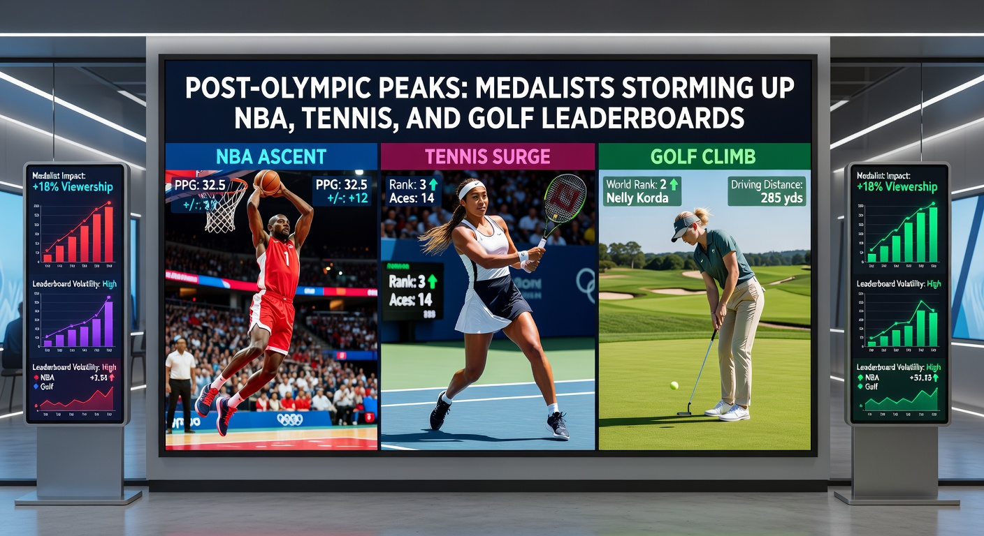 Golf medalist Xander Schauffele holding trophy on Olympic podium, overlaid with NBA dunk, tennis serve, and golf swing action shots