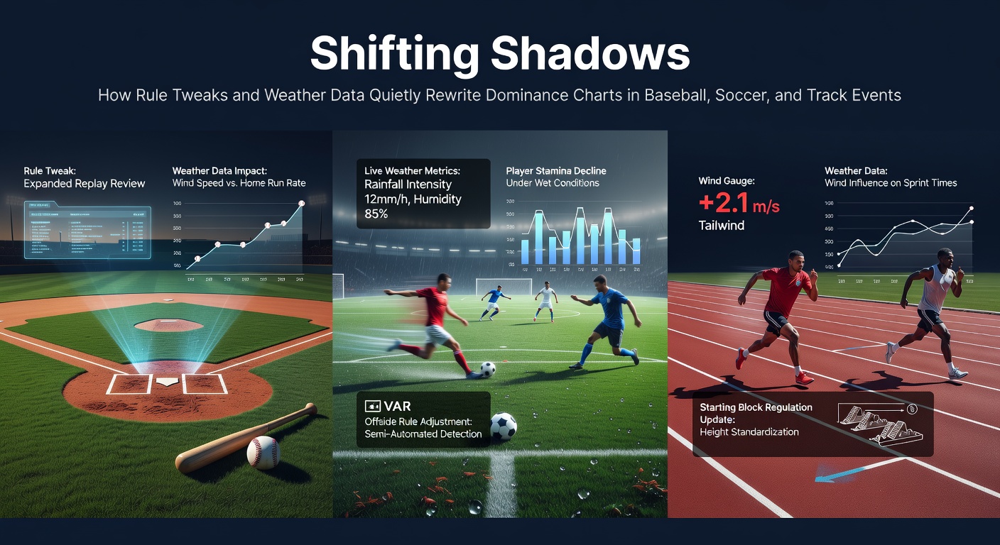 Athletes competing in baseball, soccer, and track events under varying weather conditions with data overlays showing performance metrics