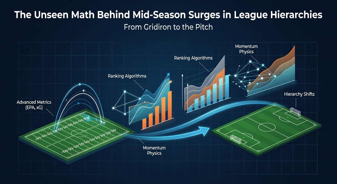 Chart showing mid-season team performance shifts in NFL and soccer leagues with statistical overlays