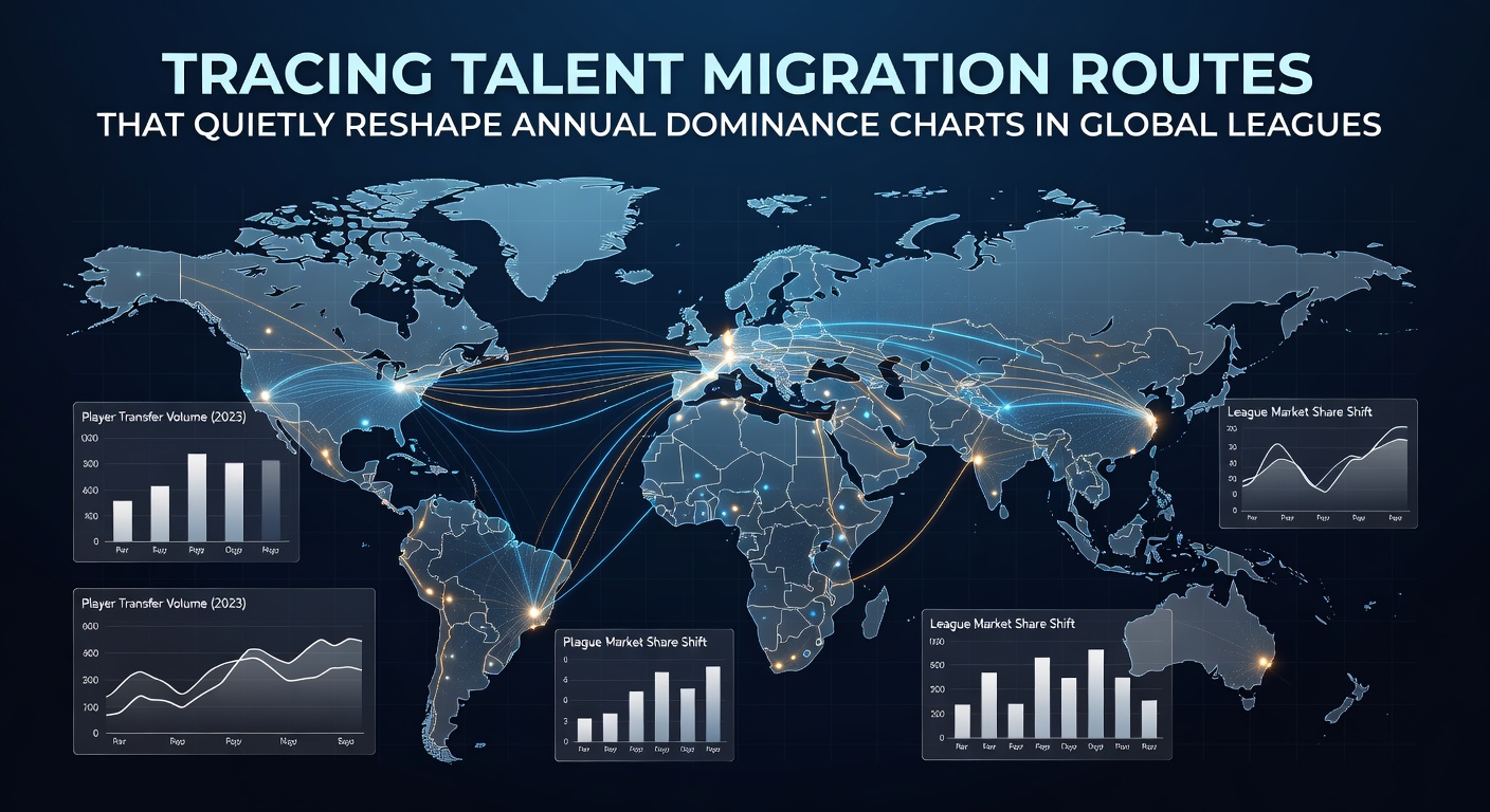 Global map highlighting talent migration routes across soccer, basketball, and baseball leagues with arrows connecting continents